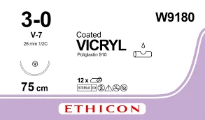 Вікрил (Vicryl) W9180 3/0 колюче-ріжуча голка 26мм Tapercut 1/2 кола 75 см, 1 шт.