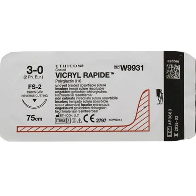 Шовний матеріал Вікрил (Vicryl) Рапід (Rapidе ) W9931 розмір 3-0, зворотньо-ріжуча голка 19 мм, 3/8 кола, довжина 75 см