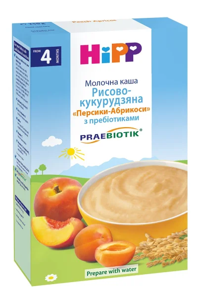 Хипп каша молочная рисово-кукурузная Персики-абрикос, 250 г.