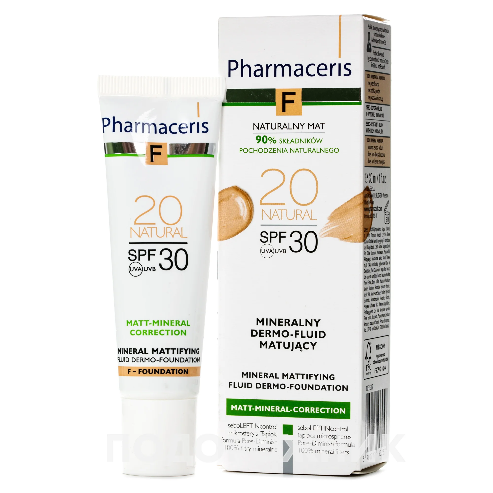Флюїд для обличчя Pharmaceris (Фармацеріс) F мінеральний тональний матуючий SPF30, тон 20, 30 мл