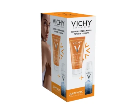 Набор Виши Капиталь Солей (Vichy Capital Soleil) солнцезащитный крем для нормальной и сухой кожи лица, SPF50, 50 мл +подарок