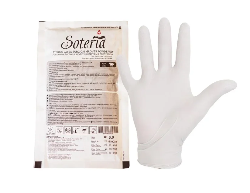 Рукавиці хірургічні Soteria (Сотерія) припудрені, розмір 6,0, 1 пара