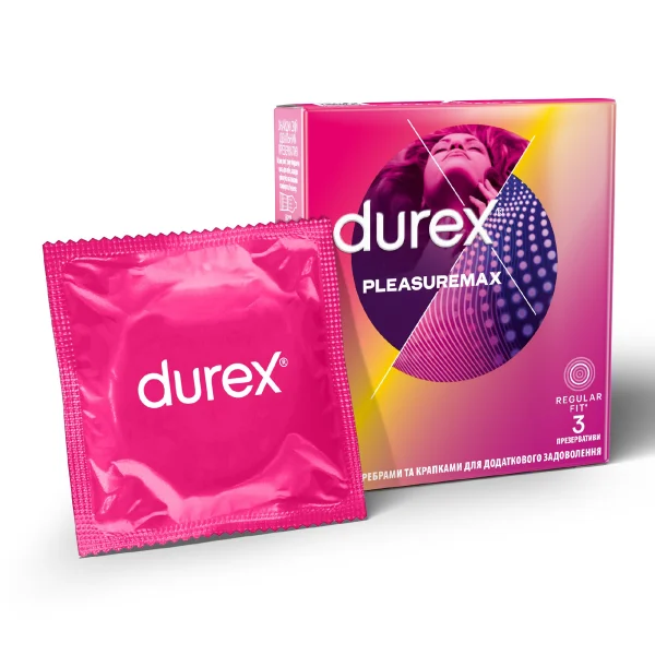 Презервативы латексные с силиконовой смазкой Durex Pleasuremax (с ребрами и точками), 3 шт.
