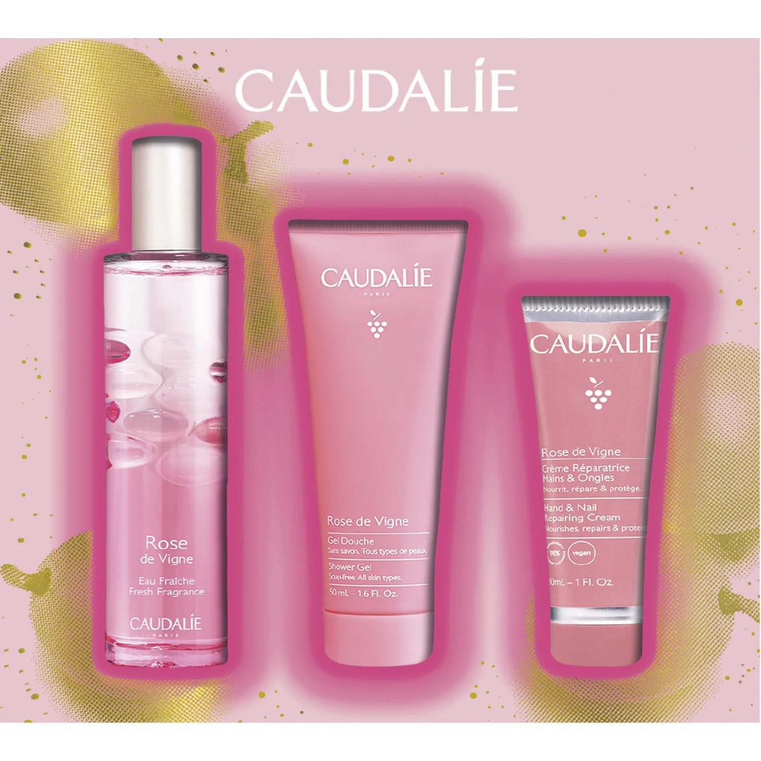 Набір Caudalie (Кодалі) Rose De Vigne Крем для рук, 30 мл + Гель для душу, 50 мл + Енергетична туалетна вода, 50 мл