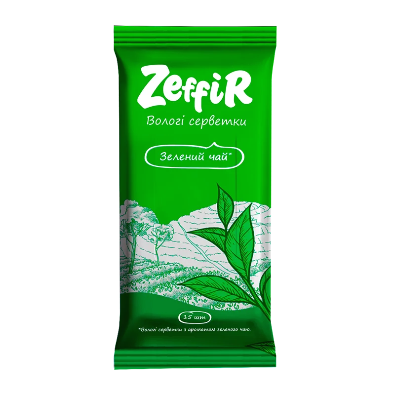 Серветки вологі Зеффір (Zeffir) з ароматом зеленого чаю, 15 шт.