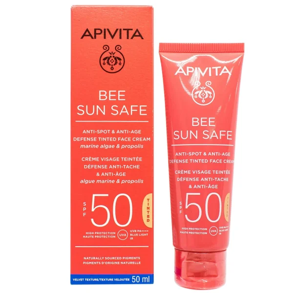 Солнцезащитный крем для лица Апивита Би Сан Сейф (Apivita Bee Sun Safe) против пигментных пятен с оттенком СПФ50, 50 мл
