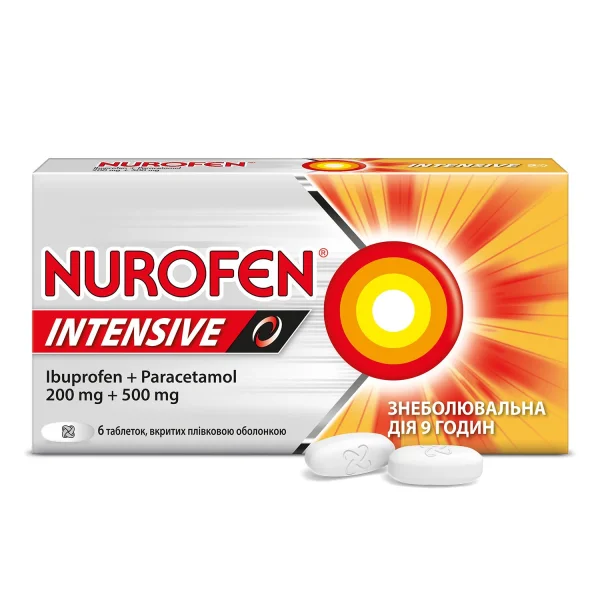 Нурофен Интенсив таблетки покрыты пленочной оболочкой, обезболивающее действие ибупрофена + парацетамола, 6 шт.