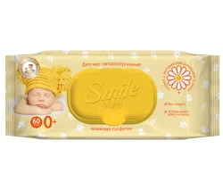 Серветки вологі Смайл Бебі (Smile Baby) з екстракт ромашки і алое з клапаном, 60 шт.