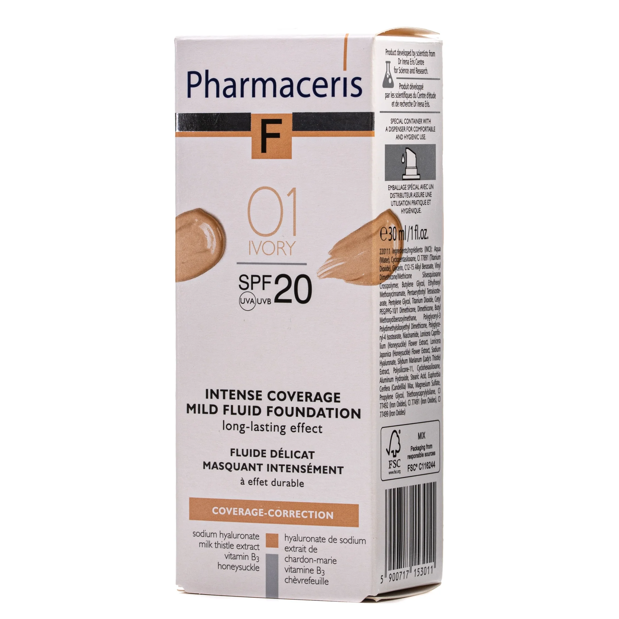 Крем-флюїд Pharmaceris (Фармацеріс) ніжний інтенсивно маскуючий SPF 20, тон 01, слонова кістка, 30 мл