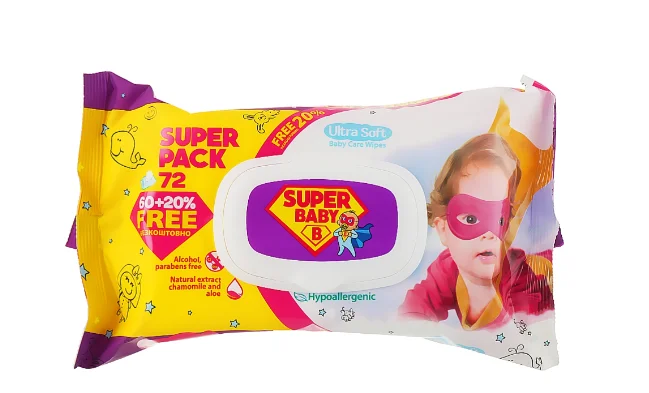 Серветки вологі дитячі Super Baby (Супер Бебі) Ромашка та Алое, Super Pack, 72 шт.