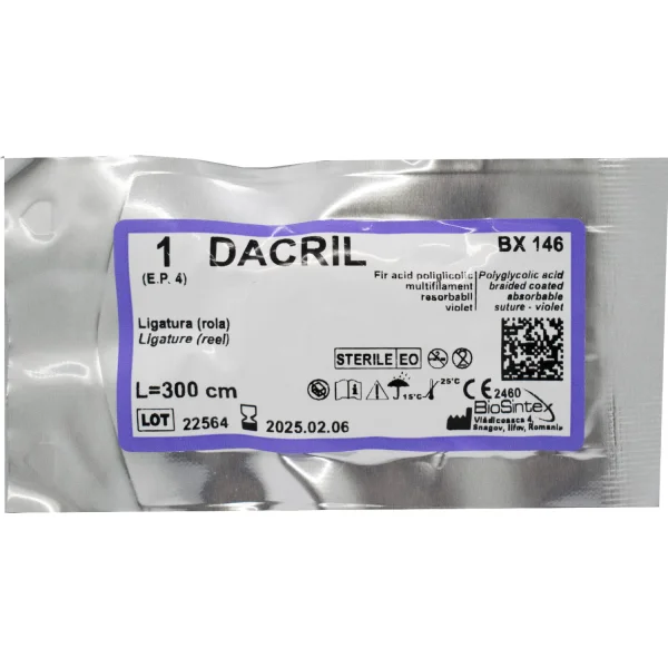 Дакріл (Dacril) 910 Поліглактид 910 УСП 1 довжина 90см, колюча голка 48мм 1/2 кола, 1 шт.