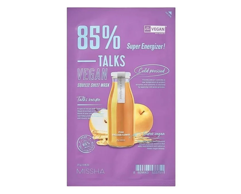 Тканинна маска для обличчя Missha (Міша) Talks Vegan Squeeze Super Energizer тонізуюча, 27 г