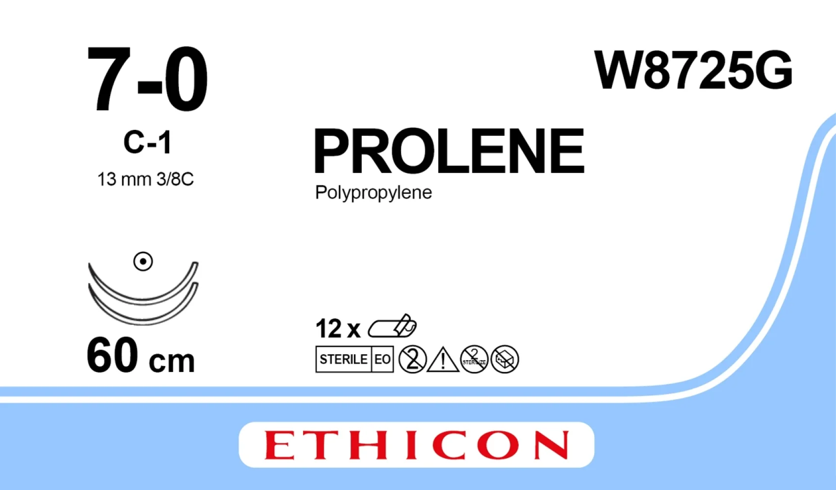 Шовний матеріал Prolene (Пролен) 7 W8725, блакитний 2 колючі голки 13 мм, 3/8 кола, 60 см