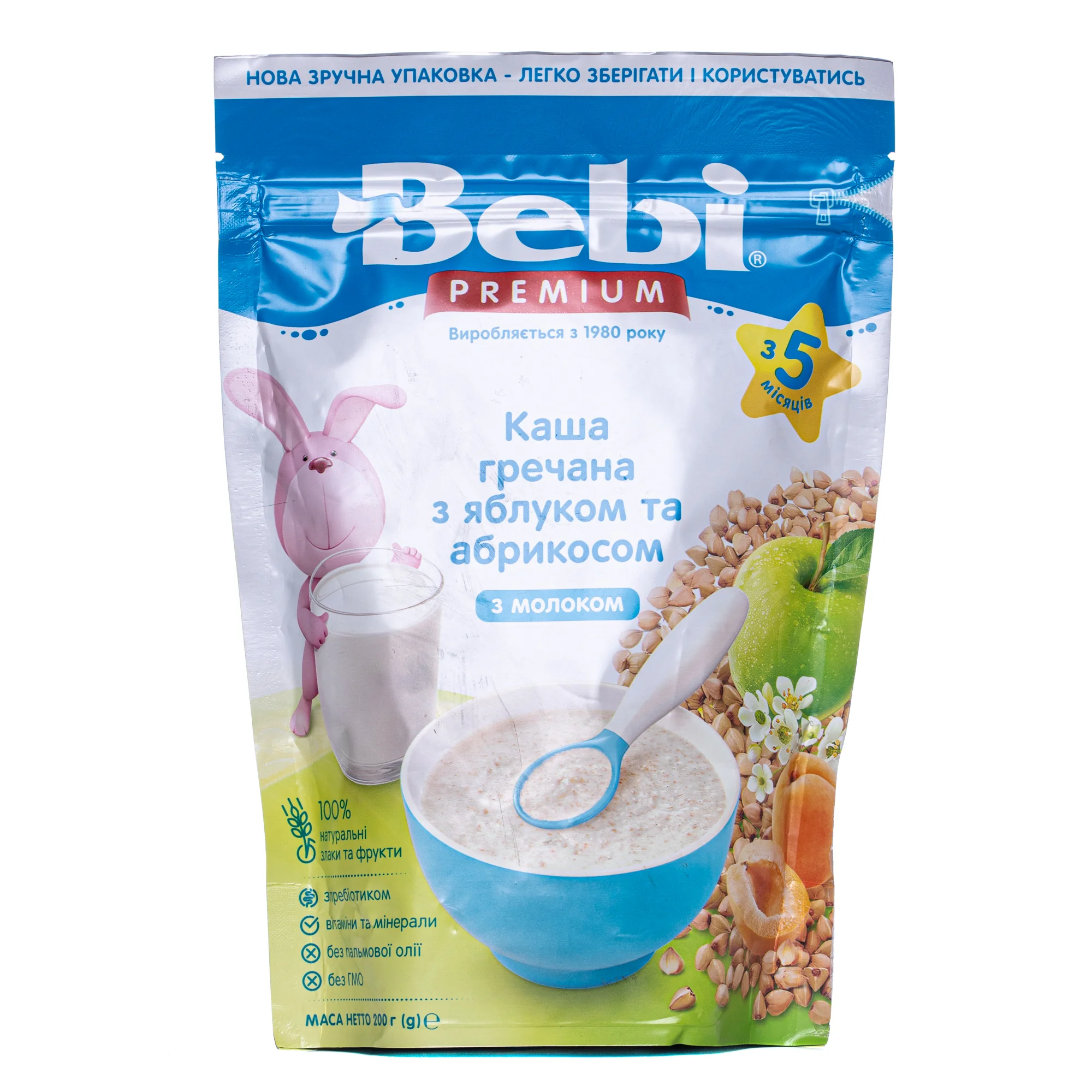 Каша Bebi Premium (Бебі Преміум) молочна гречана з яблуком та абрикосами для дітей з 5-ти місяців, 200 г