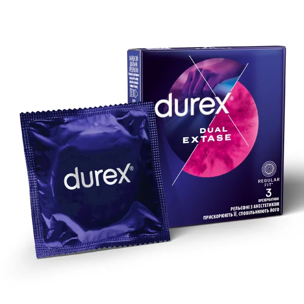 Презервативы латексные с силиконовой смазкой Durex Dual Extase (рельефные с анестетиком), 3 шт. 