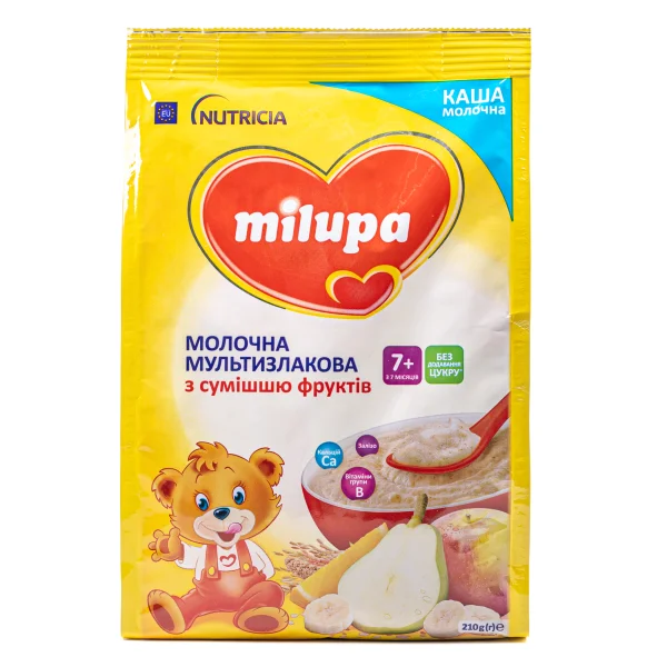 Каша молочна Мілупа (Milupa) мультизлакова з фруктами для дітей від 7 місяців, 210 г