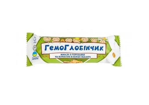 Батончик мюслі Гемоглобінчик з горіхами та курагою в білій глазурі, 40 г