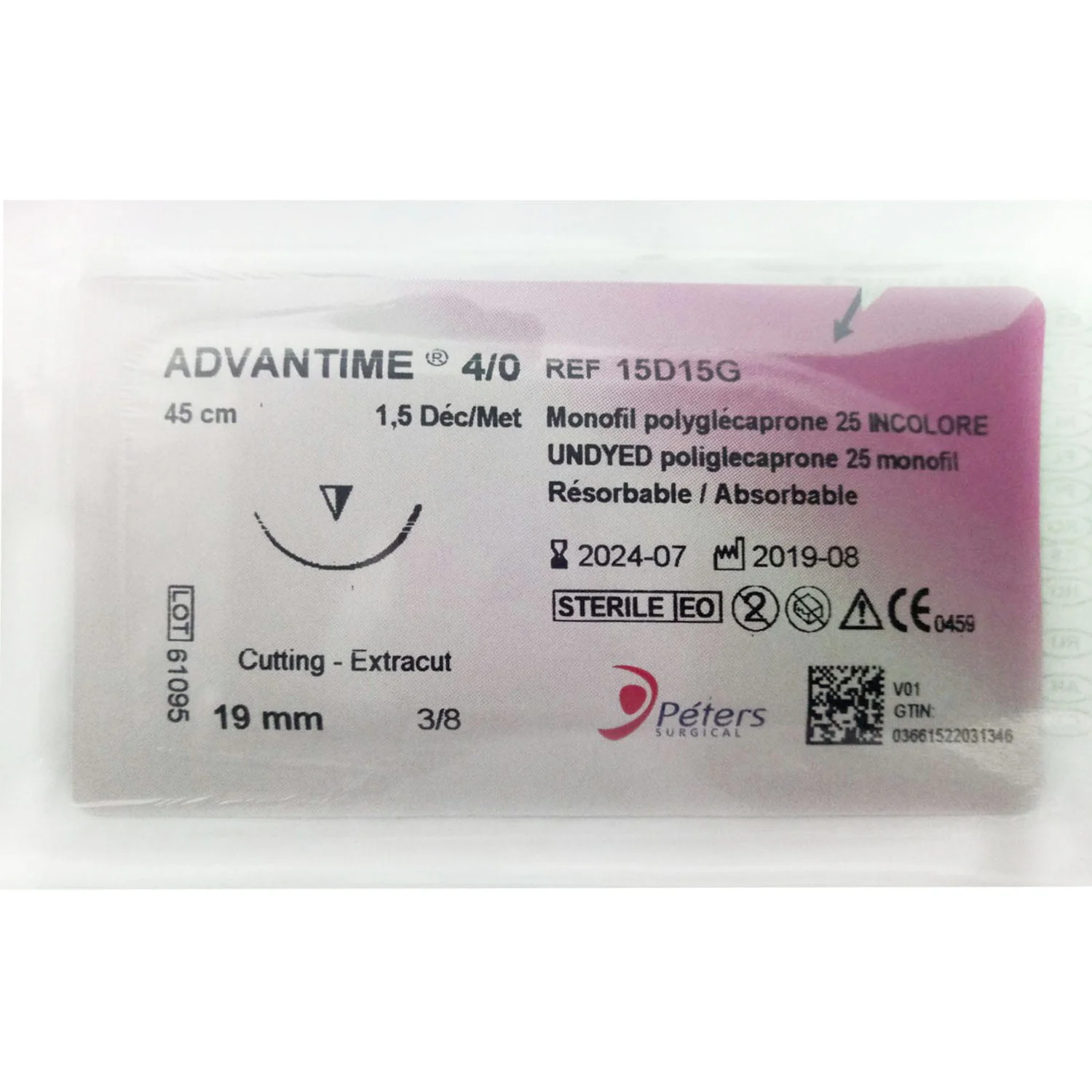 Монокрил 4 Advantime (Адвантайм) зворотньо-ріжучий 19 мм, 3/8 кола, 45 см 15D15G, 1 шт.