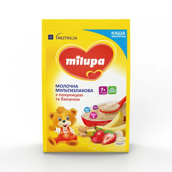 Каша молочная Милупа (Milupa) Мультизлаковая с клубникой и бананом, 210 г