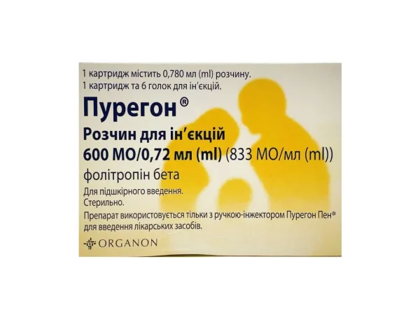 Пурегон розчин для ін’єкцій 600 МО/0,72 мл у картриджі по 0,78 мл, 1 шт.