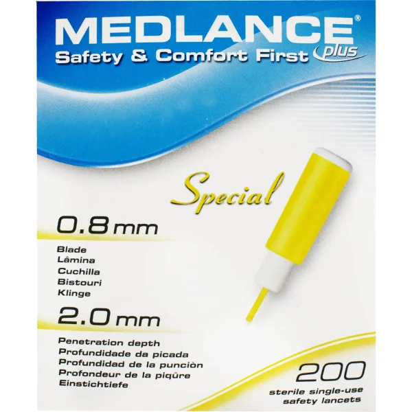 Ланцет безпечний Медланс (Medlance) Плюс Спеціал 0,8 мм жовтий (2,0 мм глибина проколу), 200 шт.