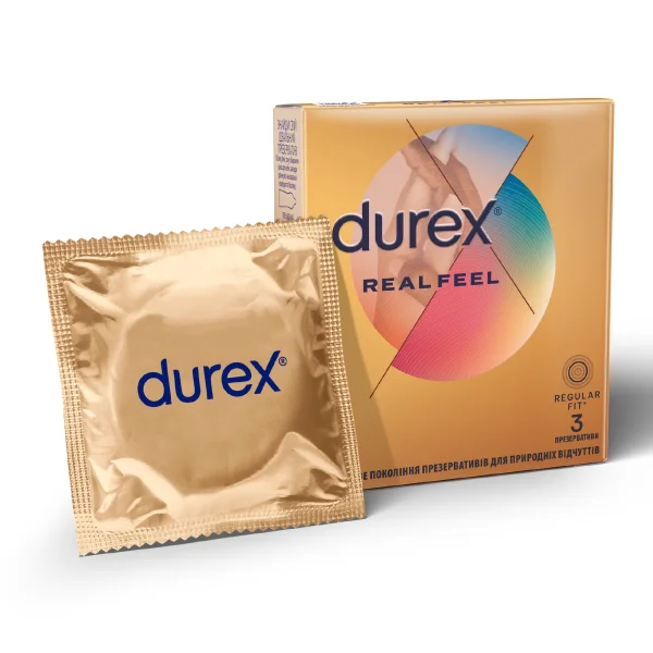 Презервативы из синтетического латекса с силиконовой смазкой Durex Real Feel (натуральные ощущения) безлатексные, 3 шт.