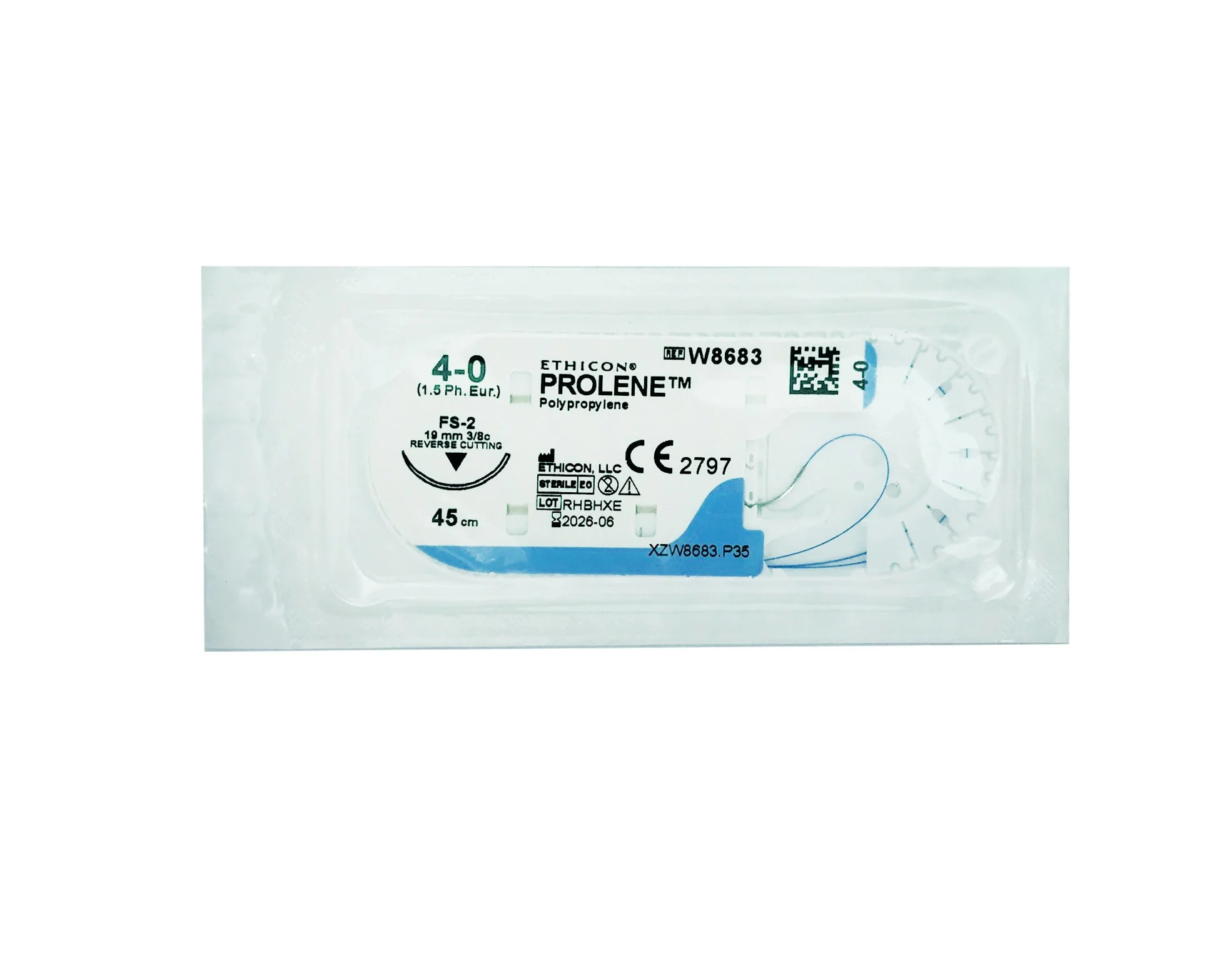 Шовний матеріал Prolene (Пролен) usp4/0 одна голка 45см*1,5м PRIME 3/8 кола 19 мм, 1 шт.