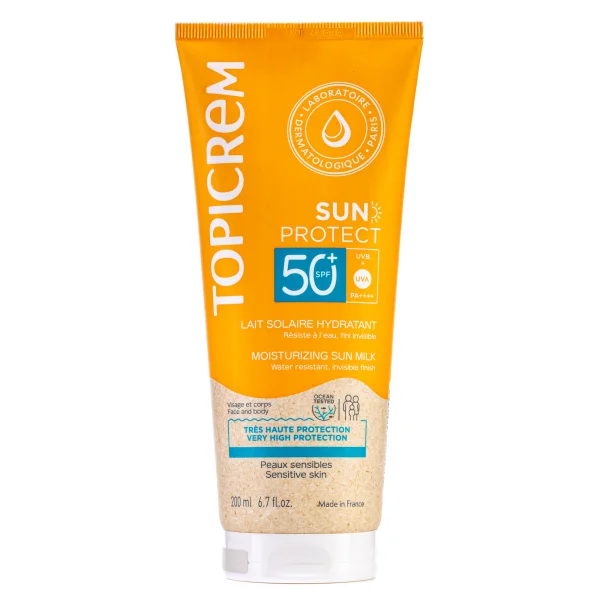 Молочко солнцезащитное Topicrem (Топикрем) Sun Protect SPF50+ для лица и тела, увлажняющее, 200 мл