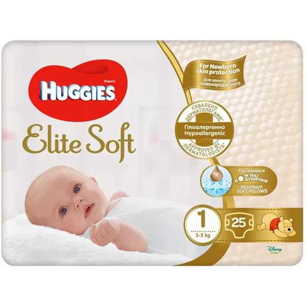 Подгузники для детей Huggies (Хагис) Elite Soft 1 (Элит Софт) от 3 до 5 кг, 25 шт.