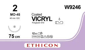 Шовний матеріал Вікрил (Vicryl) 2-0 Taper Point масивна, фіолетова нитка, колюча голка 45 мм, 1/2 кола 75 см, W9246 - Екомед