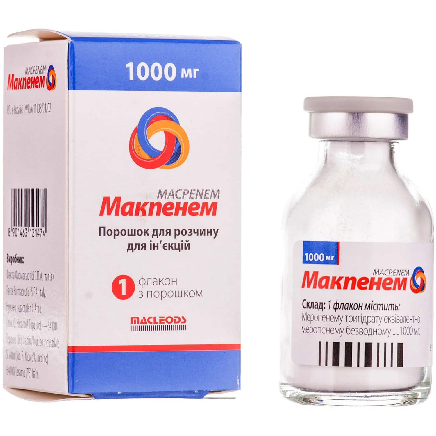 Макпенем порошок для розчину для ін’єкцій по 1000 мг, 1 шт.