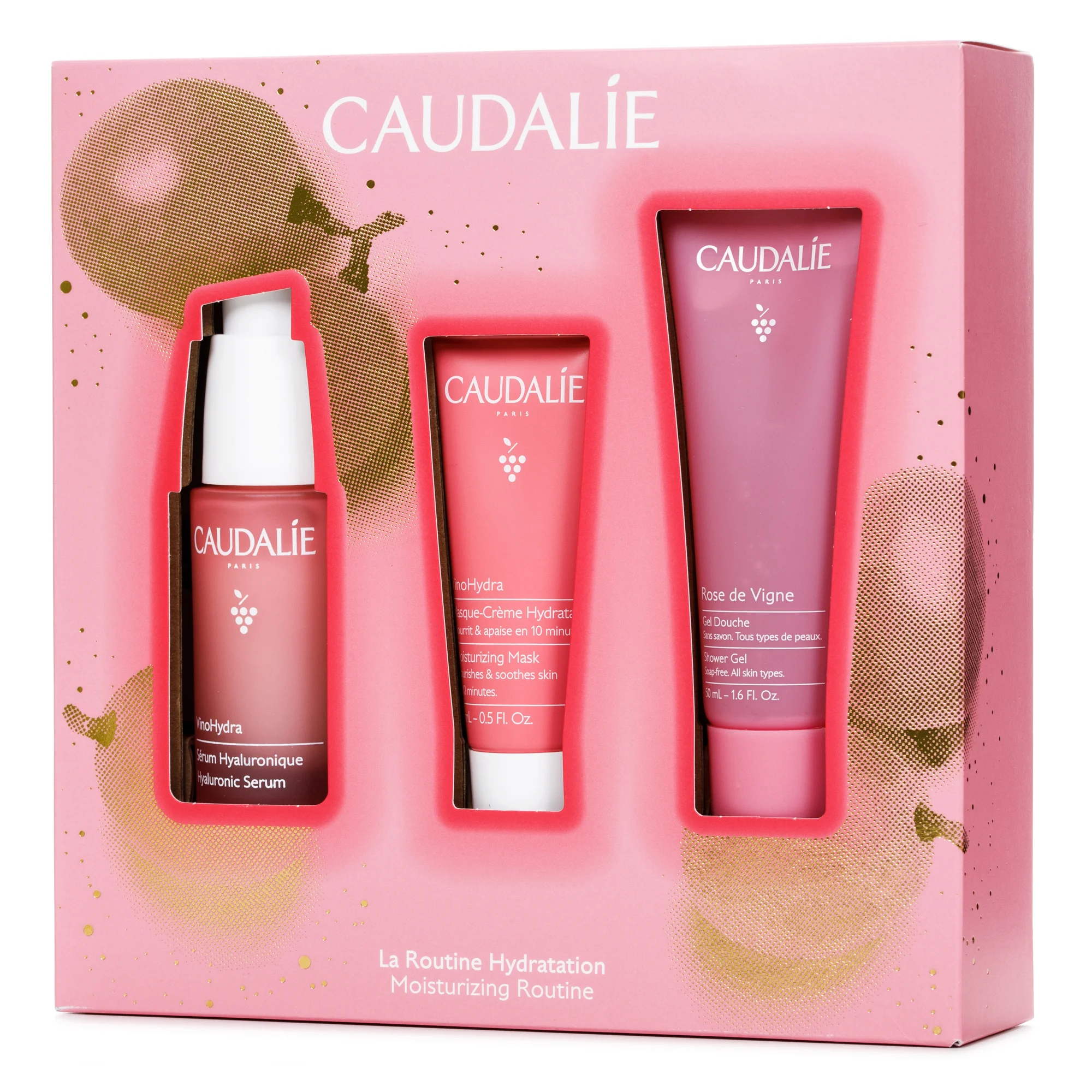 Набір Caudalie (Кодалі) Гіалуронова сироватка, 30 мл + Гель для душу, 50 мл + Зволожувальна Маска-крем, 15 мл