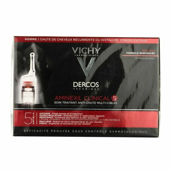 Средство для волос Vichy (Виши) Dercos Aminexil Clinical 5 (Деркос Амінексил Клиникал 5) против выпадения волос комплексного действия для мужчин, в ампулах по 6 мл, 21 шт.