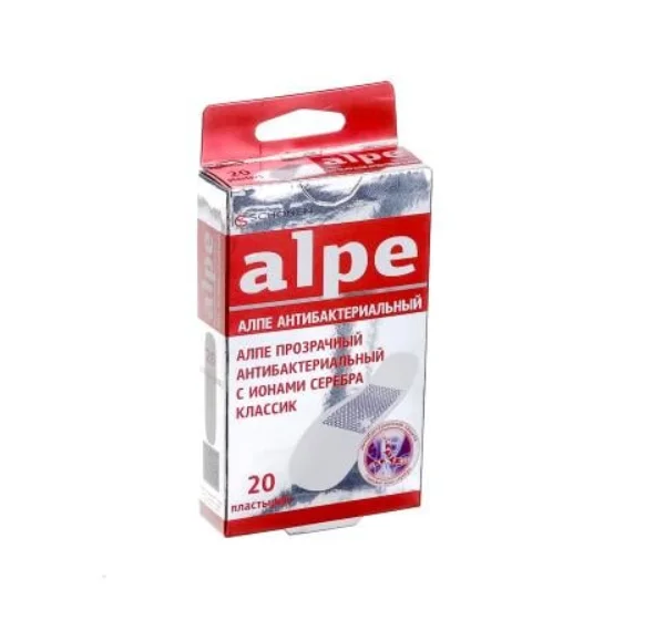 Пластир Алпе (Alpe) прозорий антибактеріальний, з іонами срібла, 1,9 х 7,6 см, 20 шт.