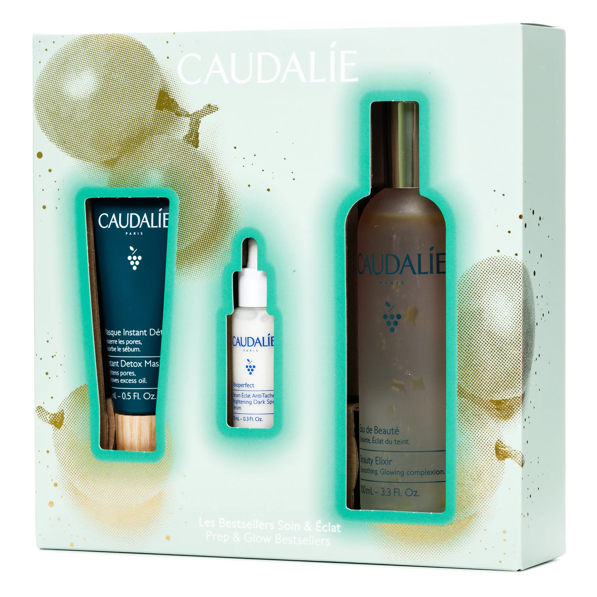 Набір Caudalie (Кодалі) Еліксир-вода для обличчя, 100 мл+Детокс-маска, 15 мл + Сироватка для корекції кольору обличчя