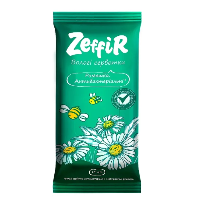 Серветки вологі антибактеріальні Зеффір (Zeffir) з екстрактом ромашки, 15 шт.