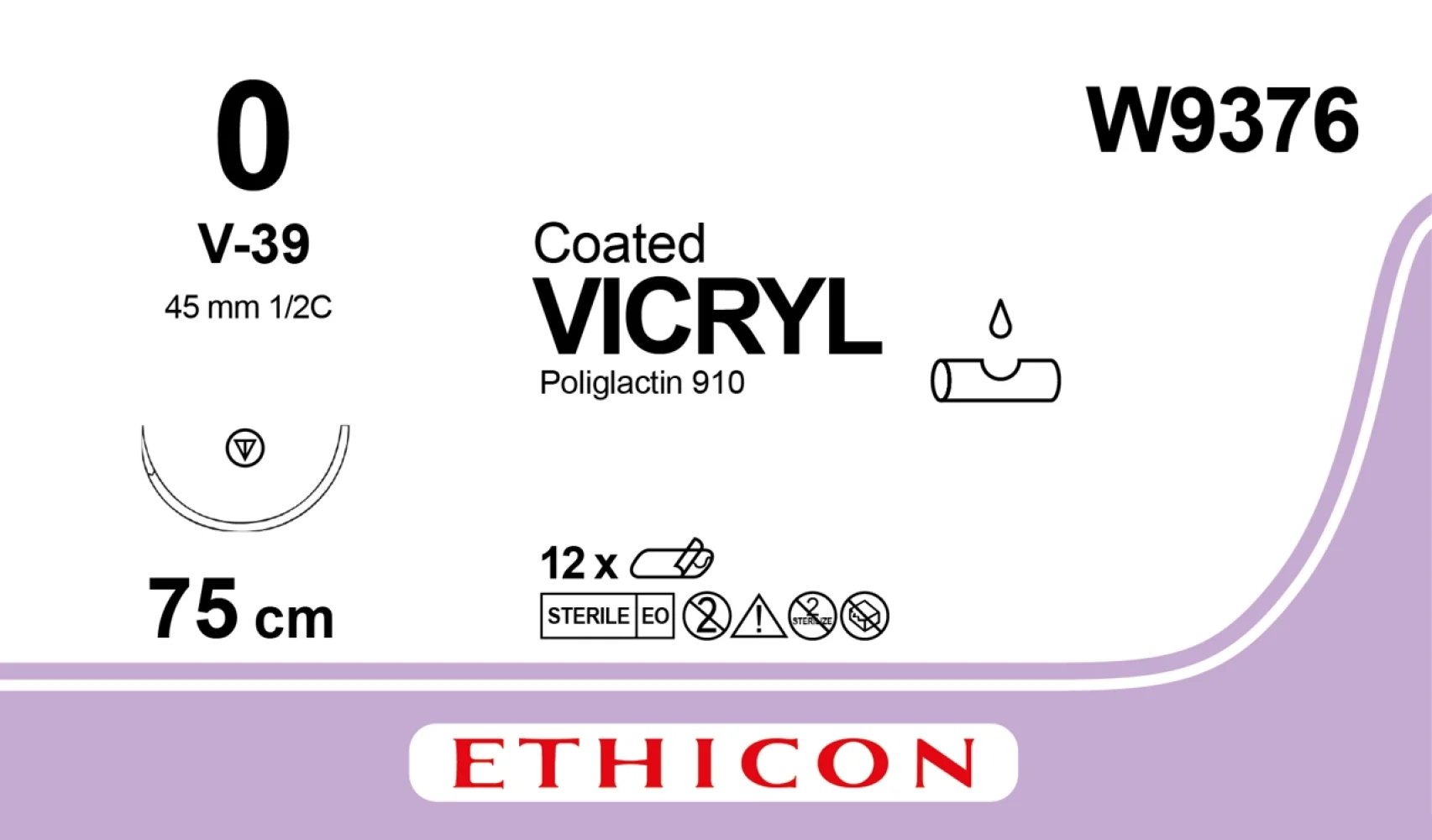 Vicryl (Вікрил) 0 колючо-ріжуча фіолетова Taper Cut 45 мм 1/2 кола, 75 см, посилена W9376
