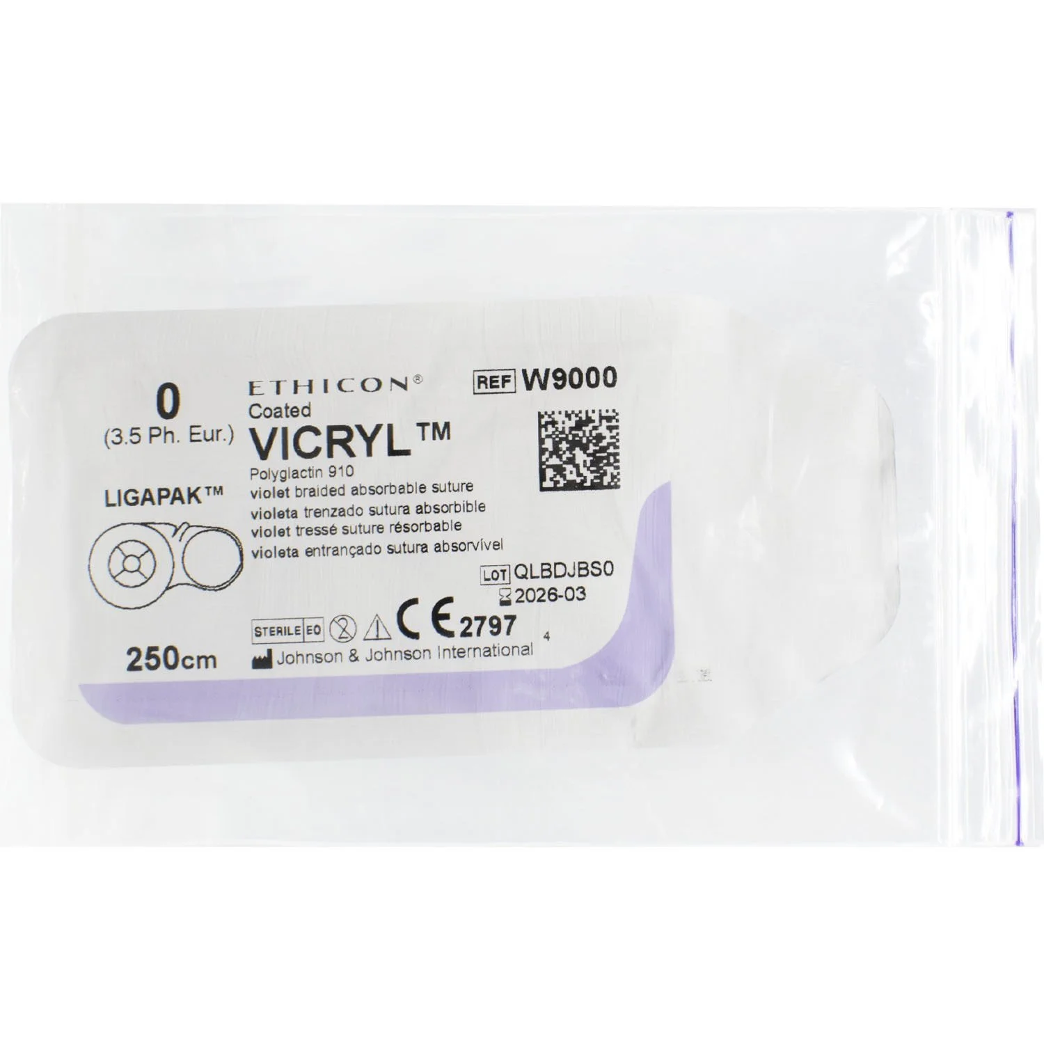 Вікрил (Vicryl) 0, без голки, фіолетовий, 2,5 м, W9000, 1 шт.