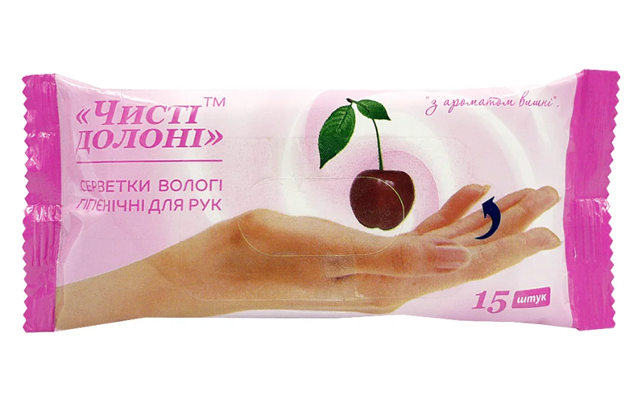 Серветки вологі Чисті долоні Вишня, 15 шт.