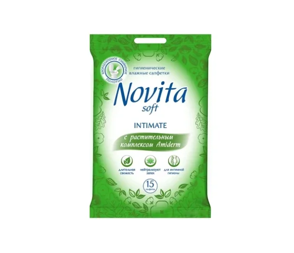 Салфетка для интимной гигиены Novita (Новита) Intimate Soft с растительным комплексом Amiderm, 15 шт.