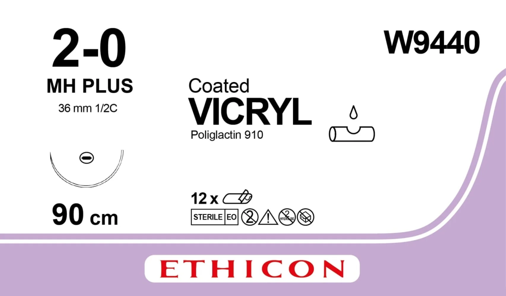 Vicryl (Вікрил) Taper Point 2-0 фіолетовий 36 мм 1/2 кола, 90 см, модифікована W9440, 1 шт.