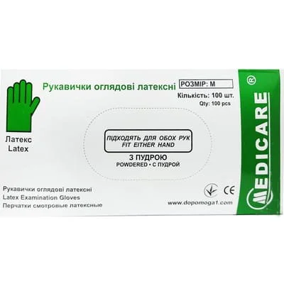 Рукавиці Медікеа (Medicare) латексні нестерильні, розмір М, 100 шт.