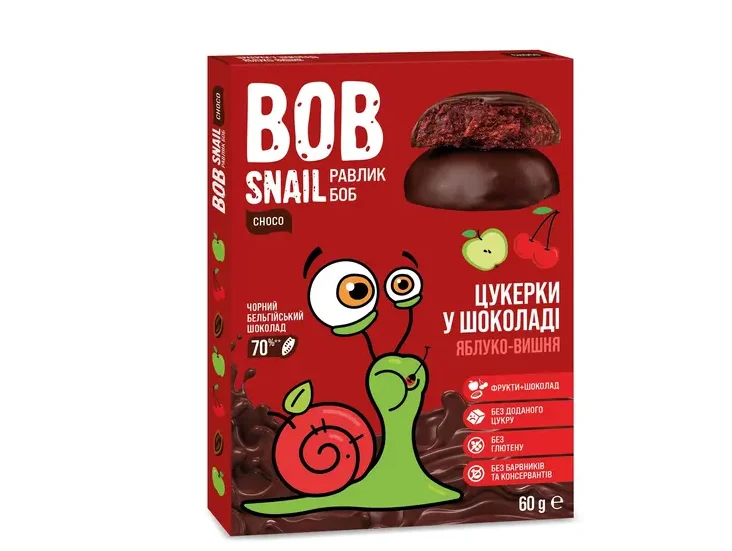 Натуральні цукерки Bob Snail (Равлик Боб) яблуко-вишня у чорному шоколаді, 60 г