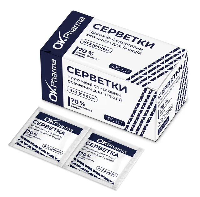 Серветки спиртові OK Pharma (ОК Фарма) 6 см*3 см, 100 шт.