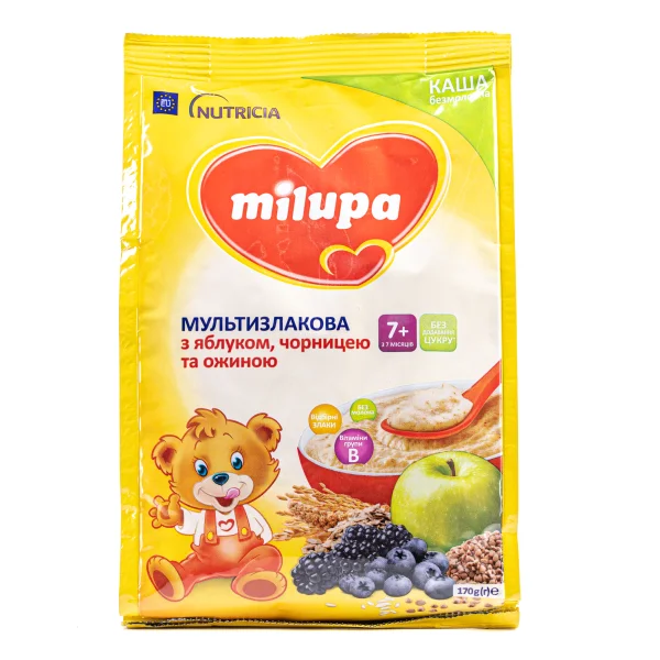 Безмолочна каша Milupa (Мілупа) мультизлакова з яблуком, чорницею та ожиною, з 7-ми місяців, 170 г