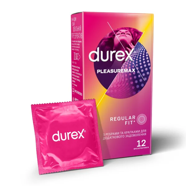 Презервативы латексные с силиконовой смазкой Durex Pleasuremax (с ребрами и точками), 12 шт.