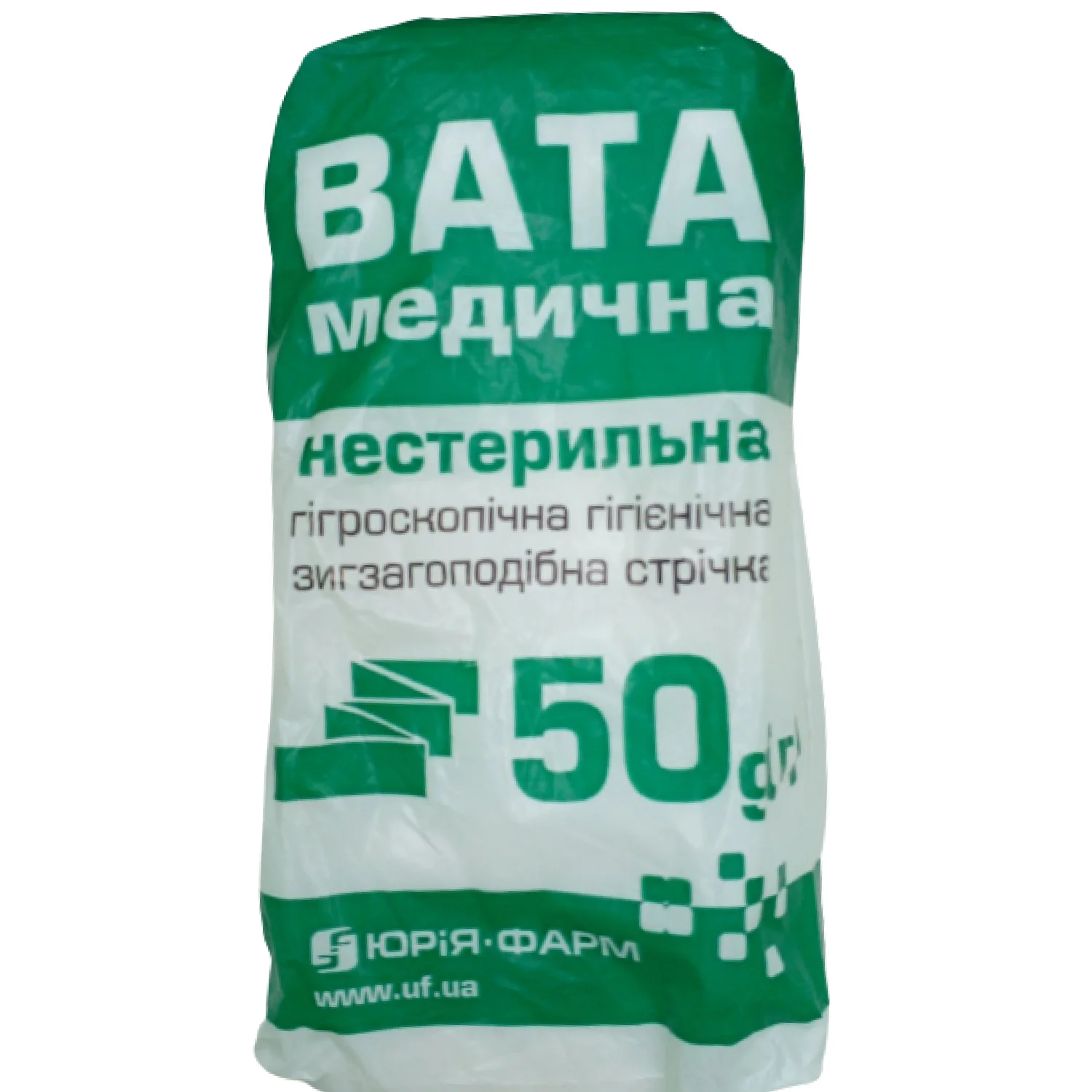 Вата нестерильна Юрія-Фарм медична гігроскопічна Зиг-Заг, 50 г