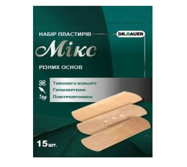 Набір пластирів Dr. Bauer (Др.Баєр) Мікс різних основ, 25 мм*72 мм, 15 шт.