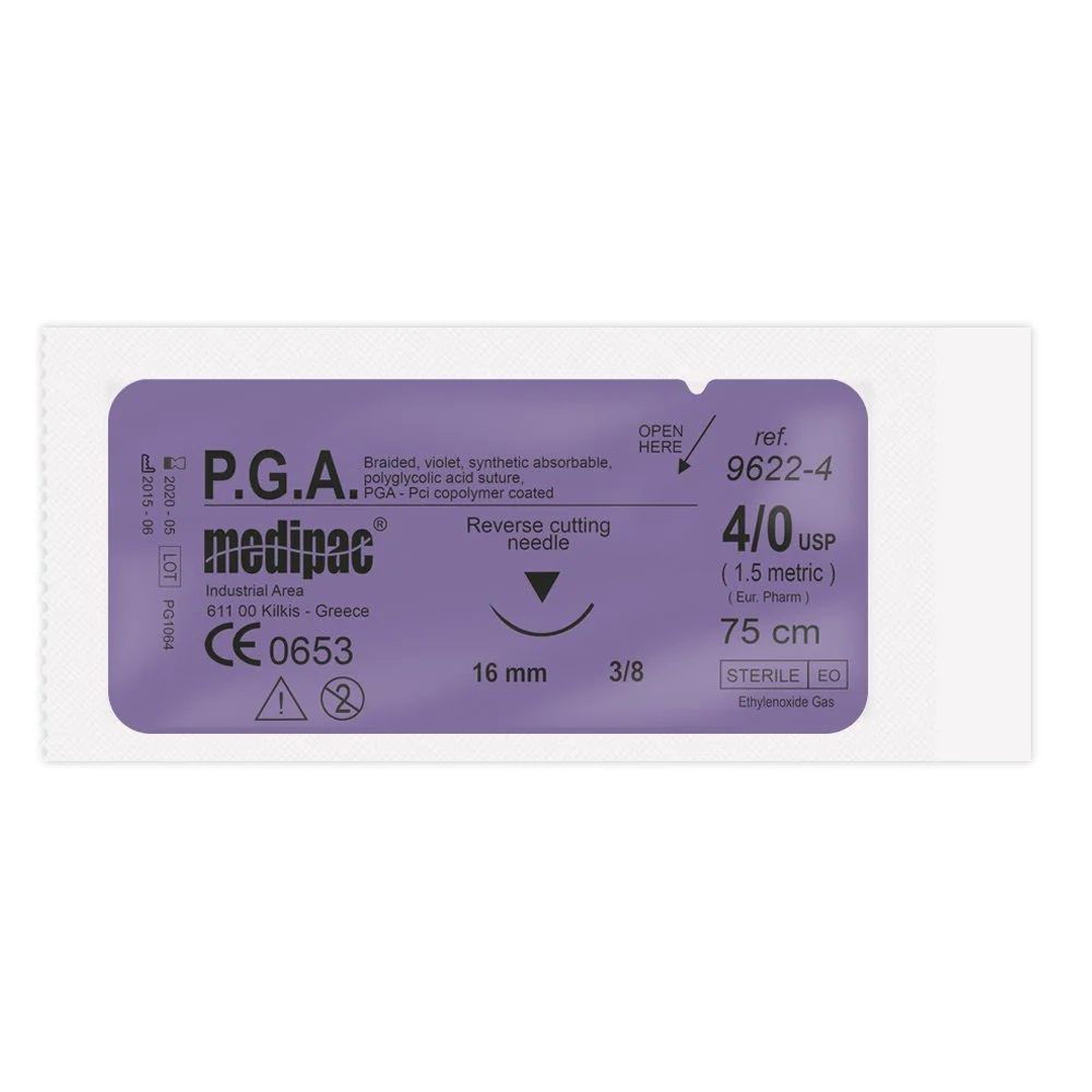 Нитка шовна хірургічна PGA (ПГА) 4/0, 75 см ріжуча голка, 16 мм 3/8