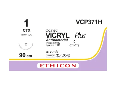 Вікрил Плюс (Vicryl Plus) 1 антибактериальний фіолетового кольору 48 мм, 1/2 кола, 90см VCP371H, 1 шт.